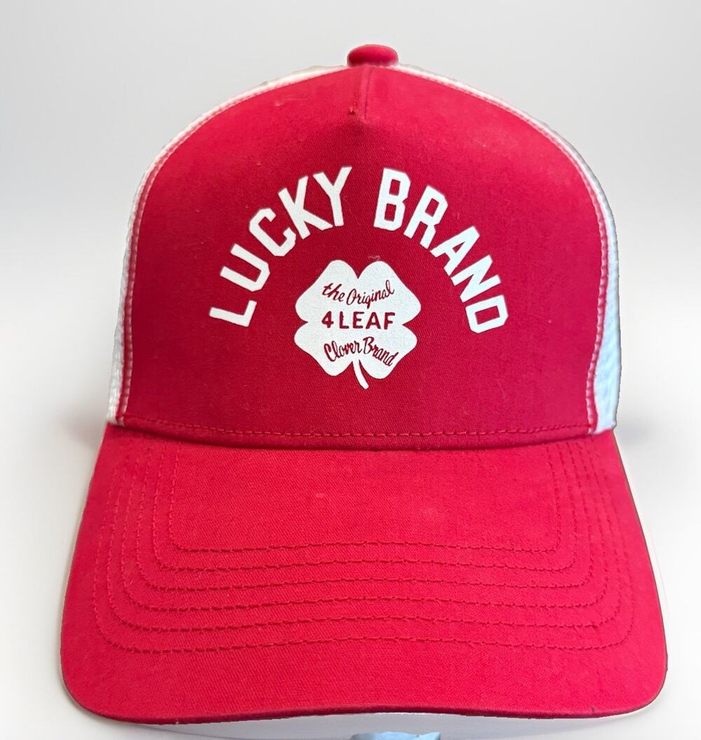 Lucky Brand Mens Red White The Original 4 Leaf Clover Brand SnapBack Trucker Hat